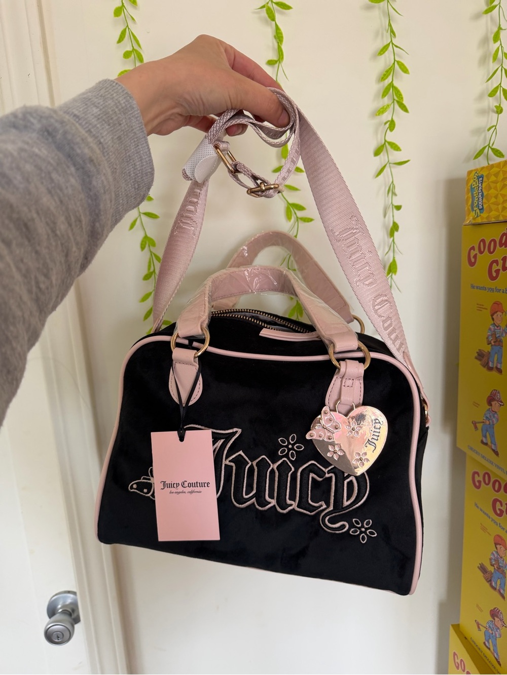 Juicy Couture Black Velvet Satchel with Pink Accents